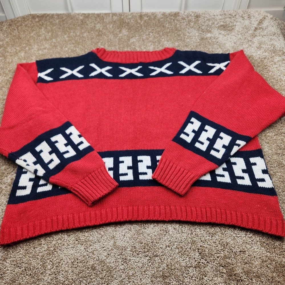 Vintage Generra Red Navy Blue Geometric Knit Sweater Womens Medium Cotton Ramie